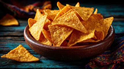 Golden crispy tortilla chips piled high in a rustic wooden bowl