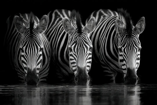 Three zebras at a water source during the night in black and white