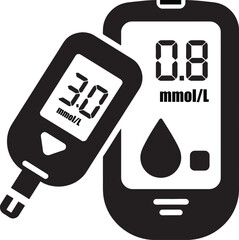 Diabetes blood sugar monitoring icon with glucometer and smartphone