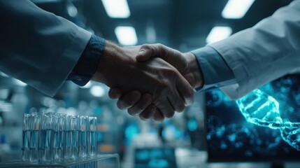 A collaborative handshake in a modern laboratory setting suggests scientific partnership