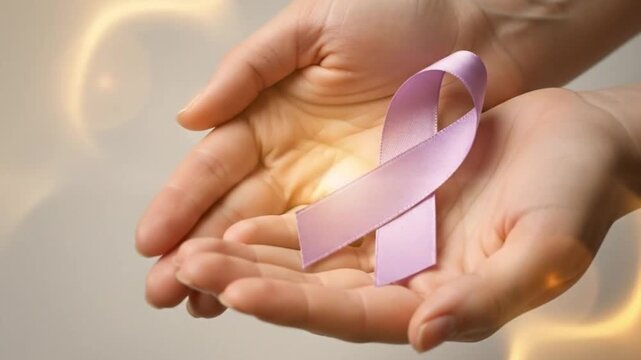Gentle hands holding a lavender awareness ribbon as soft golden light flares dance across the frame in a gesture of hope. Realistic video with light effects.