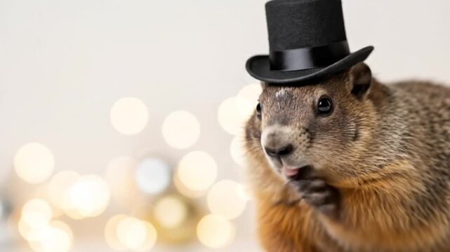 Dapper groundhog wearing a miniature black top hat curiously sniffing the air against a blurred festive background. Realistic video.