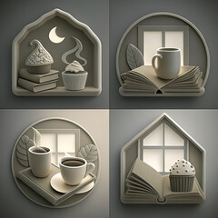 Cozy home decor featuring books, coffee, and cupcakes in neutral tones  