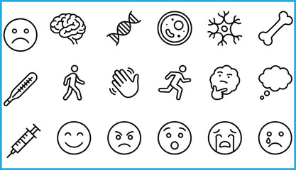 Fototapeta premium Medical and emotional icon set, DNA, brain, syringe, thermometer, sad face, crying, running, walking, cell, bone, thought bubble