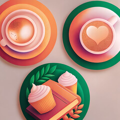 Colorful illustrated cups and cupcakes on circular backgrounds  