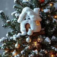 Plush snow-covered house ornament on decorated Christmas tree  