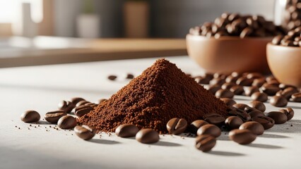 A mound of finely ground coffee powder surrounded by aromatic whole roasted beans