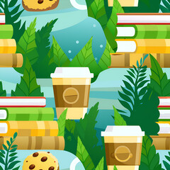 Colorful illustration of books, coffee cups, and leaves pattern  