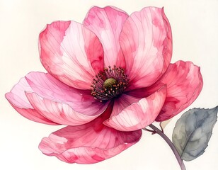 A vibrant, close-up watercolor painting depicts a large, open bloom with delicate pink petals and a contrasting dark center