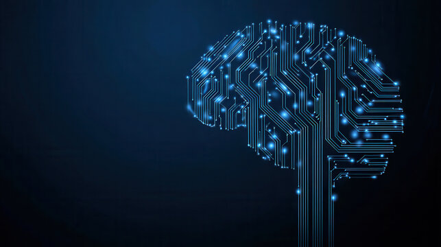 Digital brain illustration showing circuit patterns on a dark background representing technology and innovation in artificial intelligence - Powered by Adobe
