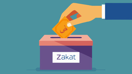 Flat vector of a hand putting a coin into a charity box with "Zakat" written in Arabic, concept of Islamic giving and generosity