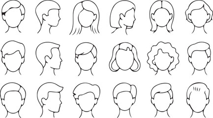 Collection of fifteen black and white line drawings illustrates various male and female head shapes with different hairstyles viewed from the front and side profiles.