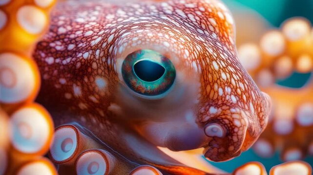 selective focus intelligent eye and curled tentacles in fluid motion underwater