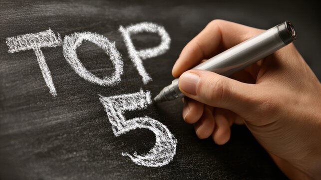 Hand writing top 5 with chalk on a black chalkboard surface
