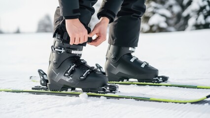 Naklejka premium Wearing ski boots at a winter ski resort