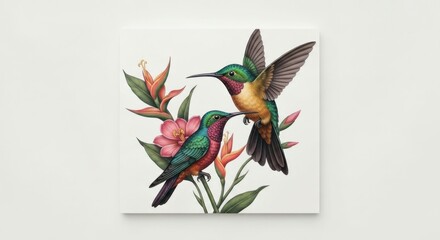 Two illustrated hummingbirds among exotic flowers