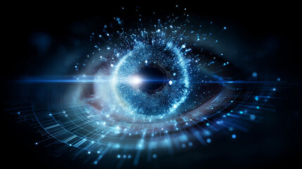 Glowing blue cybernetic iris with digital particles, biometric scanning concept, artificial vision, faceless, dark background, with copy space