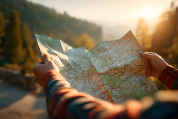 Holding a map while exploring a forest area during golden hour near a mountain