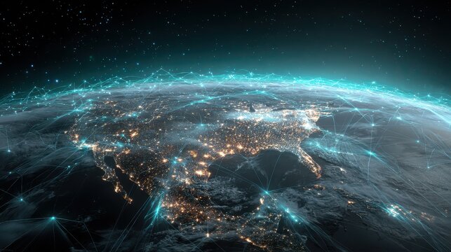 A glowing network connects cities across the north american continent at night