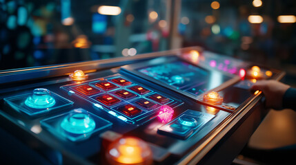 Retro-futuristic control panel with glowing buttons and LED screens, sci-fi interface design, faceless, defocused depth, with copy space