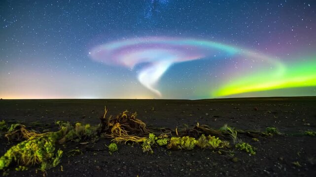 Aurora borealis dances above a dark, expansive landscape under a starlit sky.