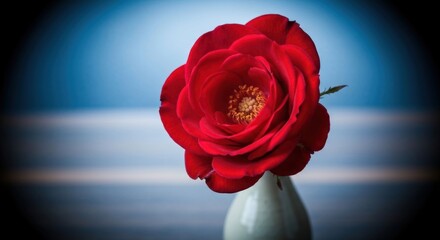 Vivid red rose in white vase, blurred background