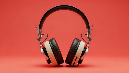 Black and white headphones on red background