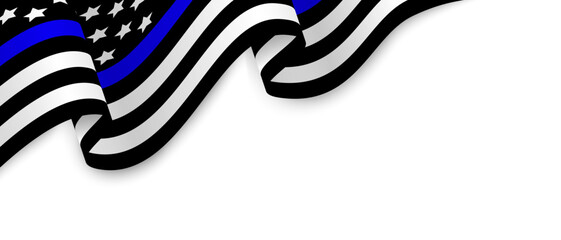 Thin Blue Line US flag in black and white with blue stripe, waving over white background. Thin Blue Line American flag symbol of law enforcement support, police officer memorial.