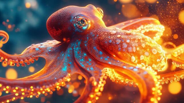 selective focus stylized underwater environment with large octopus and squid