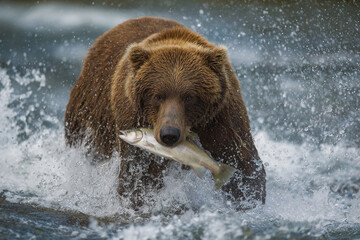 Bear catches fish in river during daylight in natural setting with splashing water and natural scenery