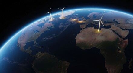 Wind turbines glowing on Earth, viewed from space