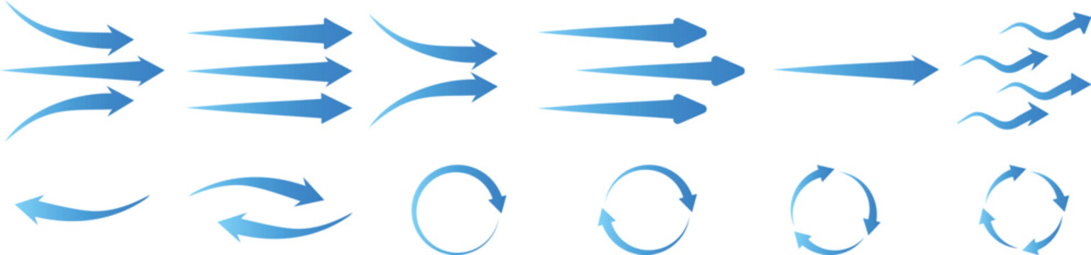 Air flow arrows set. airflow and ventilation, climate control, air direction circulation motion and strength signs. air direction signs. Air conditioning arrows.