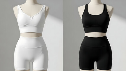 Women s athletic wear cycling shorts and sports bra tops on display