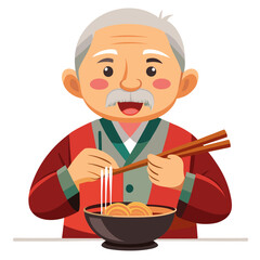 Grandpa is eating noodles
