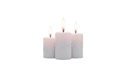 Three lit white pillar candles with dripping wax