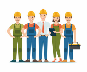 An illustration of a diverse group of five construction workers wearing helmets and overalls, showcasing teamwork and professionalism in a vibrant cartoonish artistic style.