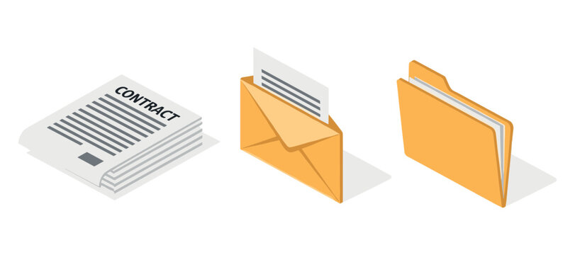 Contract document, envelope with letter, and file folder icon set