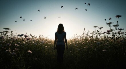 Woman in meadow with birds against bright sky