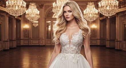 Woman in ornate dress, hall background