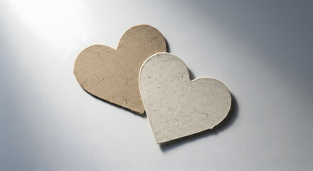 Fototapeta premium Two recycled paper hearts symbolize sustainable love, eco-friendly relationships, care for the environment, conscious choices, and modern green Valentine concept with minimalist aesthetic.