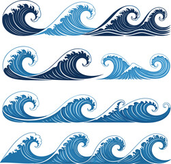 Ocean wave vector set featuring dynamic sea water splashes, surf curls, marine motion, and nautical design elements