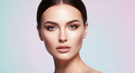 Woman with dewy makeup, soft background
