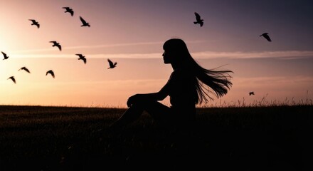 Woman's silhouette at sunset with flying birds