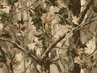 Real tree forest camouflage seamless pattern design pattern for hunting and military uniform. A camouflage pattern featuring oak leaves and branches, with earthy tones of brown and green.