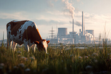 Cow grazing in field near industrial area with smoke rising from tall chimneys during evening time