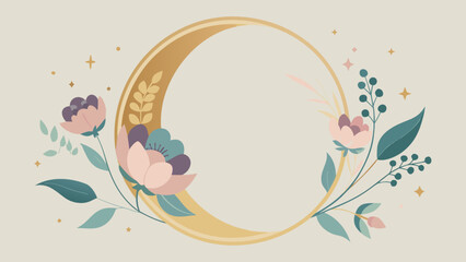 Elegant vector frame made of crescent moon and blooming flowers, soft pastel colors, gold accents, space for text.