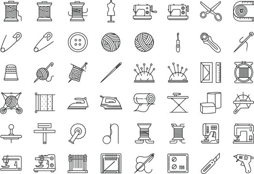 Sewing and tailoring tools outline icon set featuring knitting, stitching, fabric cutting, and textile craft equipment