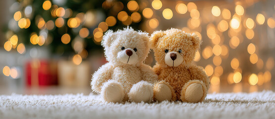 Two teddy bears sit on a white rug with a Christmas tree and lights in the background during the holiday season