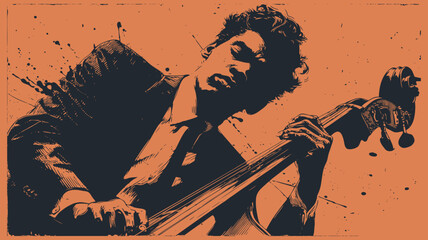 A jazz musician plays the double bass with passion. Vector illustration in a modern grunge or stencil style with expressive ink splatters.