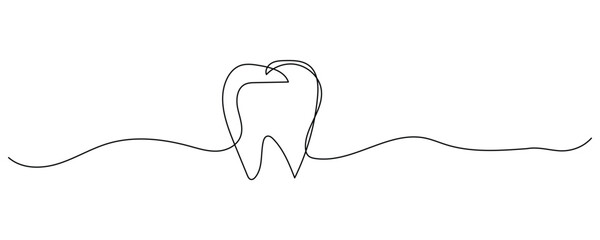 Continuous line drawing of a tooth with flowing wave design icon. dentistry, wellness, care, hygiene, teeth symbol. vector illustration.